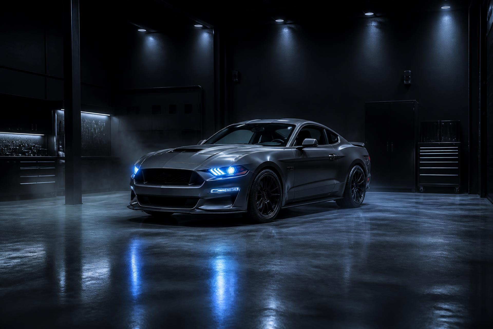 Complete performance car parked inside a dark garage with electric-blue headlights on